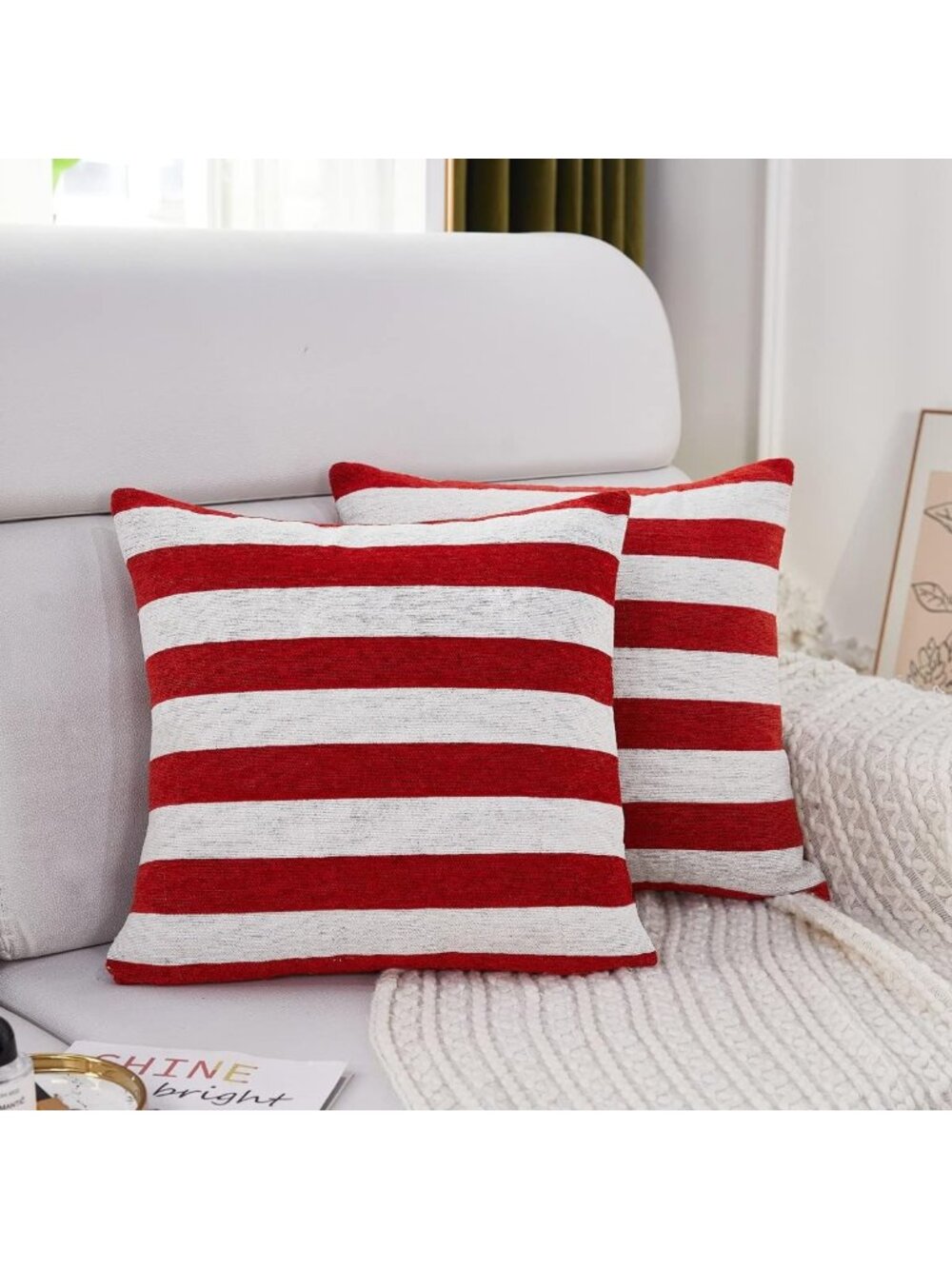 Patriotic Chenille Throw Pillow Covers 18x18 - Red Decorative Cushion for Home
